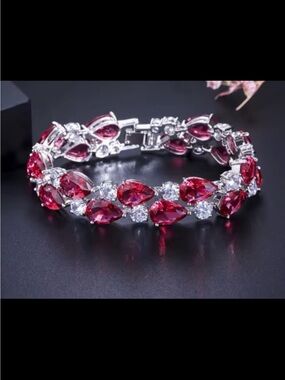 White and Ruby tear drop crystals AAA zirconia rhodium plated bracelet